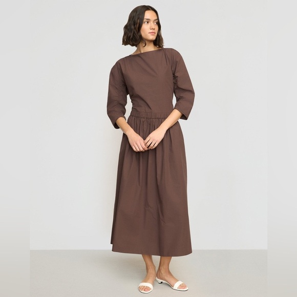 Modern Citizen Natalia Cotton Ruched-Detail Dress Elegant Brown Medium - Picture 1 of 15
